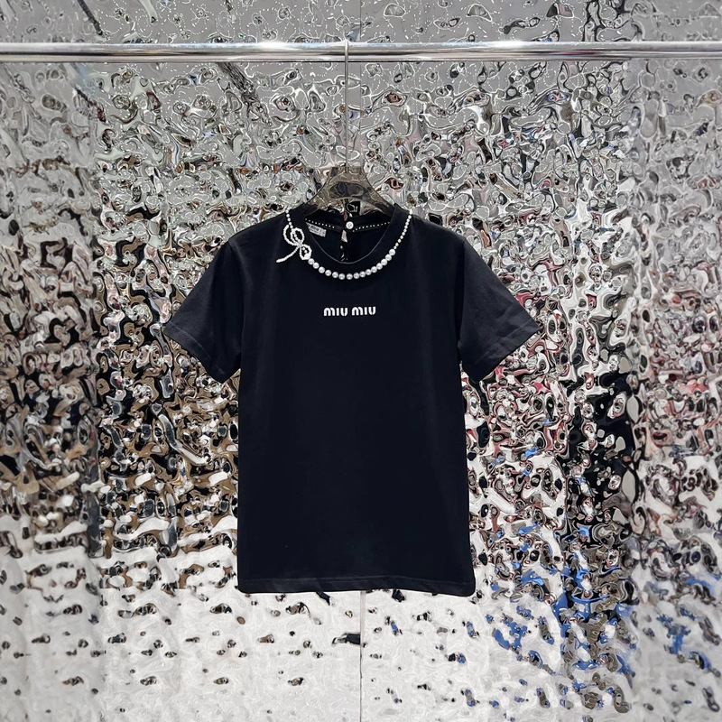 25春夏新作ファッション襟元手作り真珠サラウンド➕後襟半開襟半袖tシャツレディース|undefined