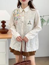 日系软妹小清新花藤刺绣森女衬衫秋季新长袖棉小个子上衣