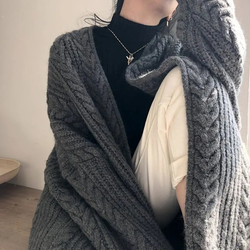 Korean Version New Retro Fashion Minimalist Thick Loose Cable Knit Winter Medium Length Cardigan Sweater