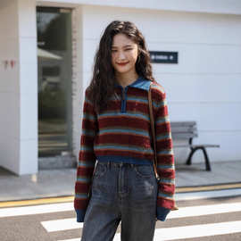 复古polo领半拉链条纹毛衣女春秋宽松撞色短款套头针织衫外穿上衣