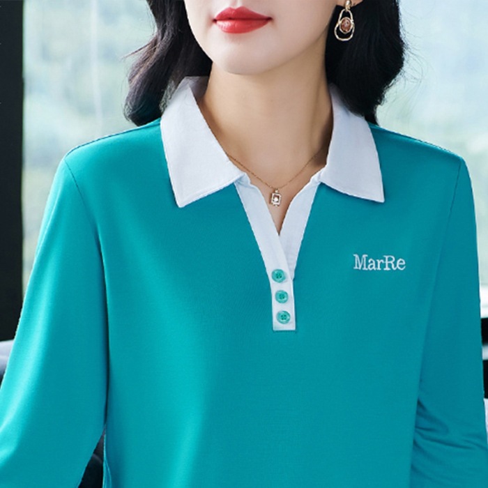 [Cotton 95% Spandex 5%] Autumn Simple and Stylish Color Block Collared Top, New Style, Versatile, Casual and Elegant Long