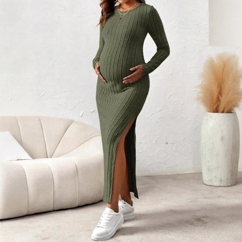 Amazon European and American Maternity Wear Round Neck Long-Sleeved Maternity Dress Summer Large Slit Knitted Slim Maternity Dress