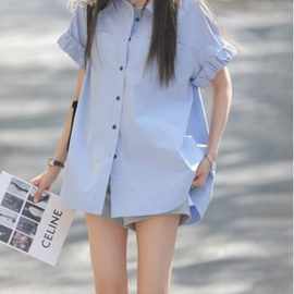 中长款韩国设计感polo领纯欲风高级云朵袖宽松白衬衫女短袖上衣