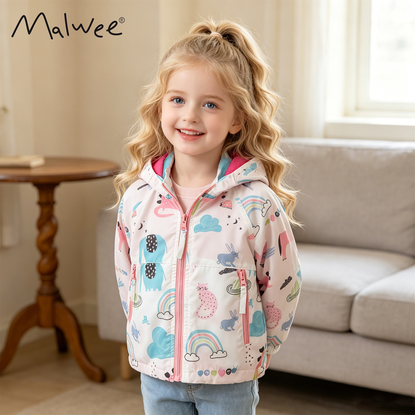 Malwee children's clothing autumn and winter new style girls' coat hooded windbreaker warm children's coat one piece dropshipping