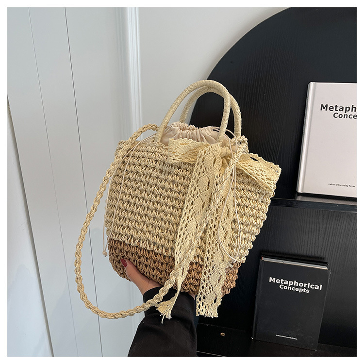 Women's Straw Shoulder Bag With Silk Scarf For Holiday Beach_voghion.com