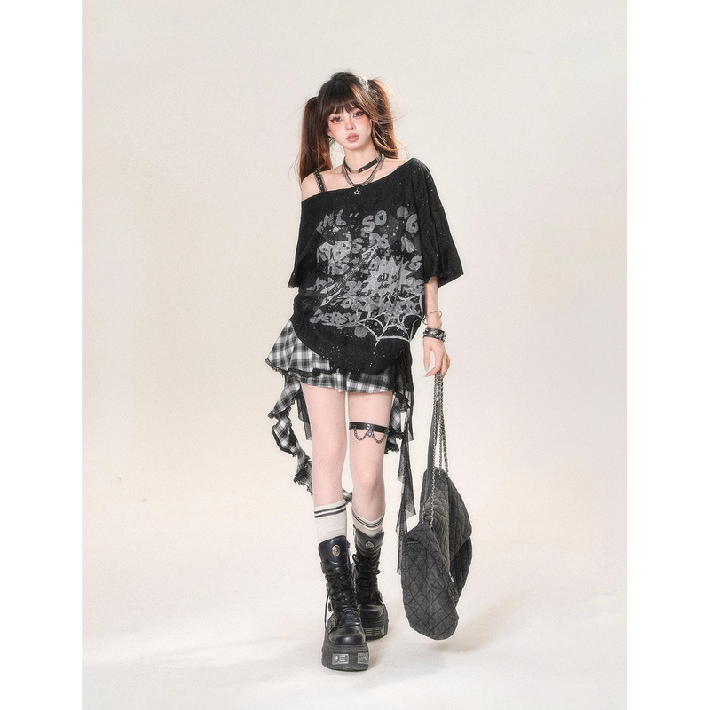 甘くてクールなホットガールロックキティ猫落書きストラップ半袖Tシャツレディース夏ルーズオフショルダートップブラウス|undefined