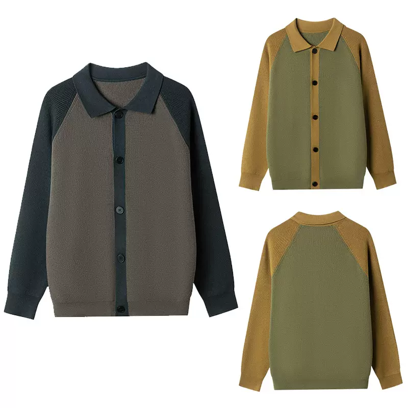 男士秋冬季polo领针织开衫毛衣纽扣翻领拼色休闲时尚百搭男装外套