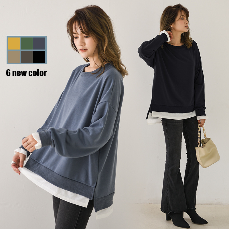 Spot 6 Colors Japanese Style New 2021 Spring & Fall Japanese and Korean Pure Color Fake Two-Piece Long-Sleeved Round Neck Sweatshirt Loose Large Size