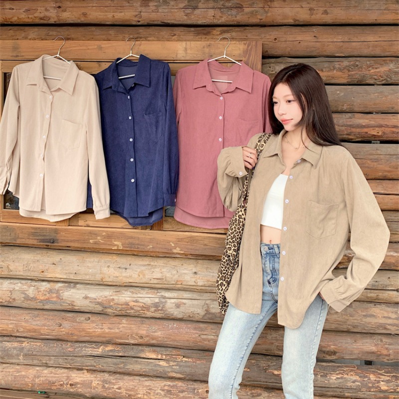 5958 Real Shot Retro Corduroy Shirt Jacket Women's Autumn and Winter Layered Shirt Mid-Length Loose Versatile Top
