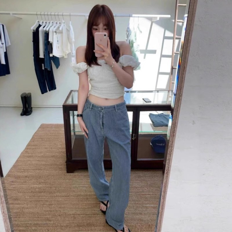 韩系小众ba*net蓝色条纹直筒工装牛仔裤女显瘦休闲长裤女秋新款|undefined