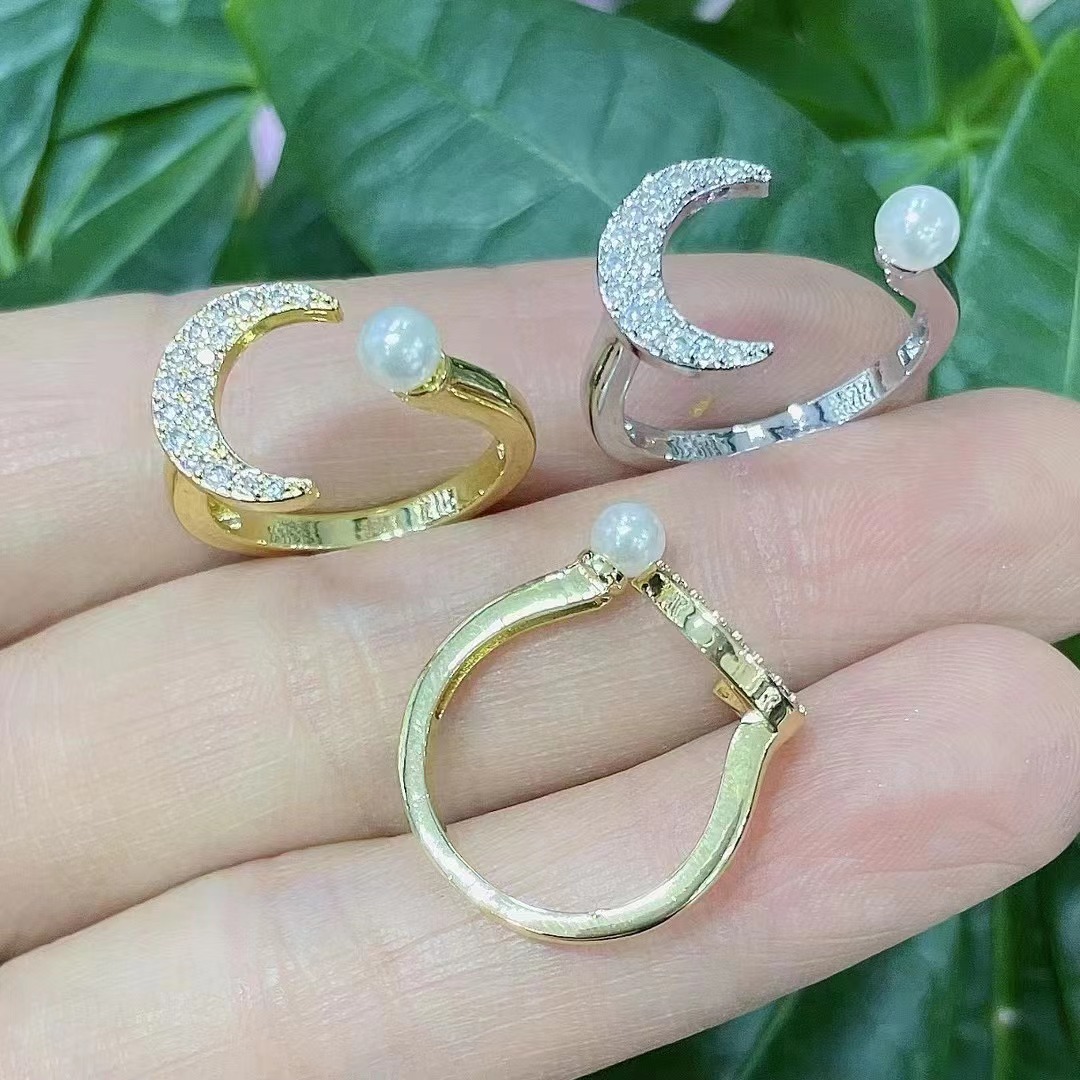 Open Rings Classification Copper Material Moon Personality Crescent Pearl Inlaid Zircon Ring