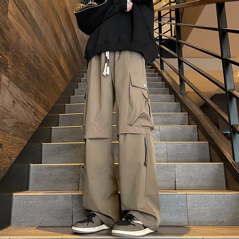 Spring and autumn overalls men's trendy teenage students multi-pocket loose straight elastic waist casual pants a generation of hair