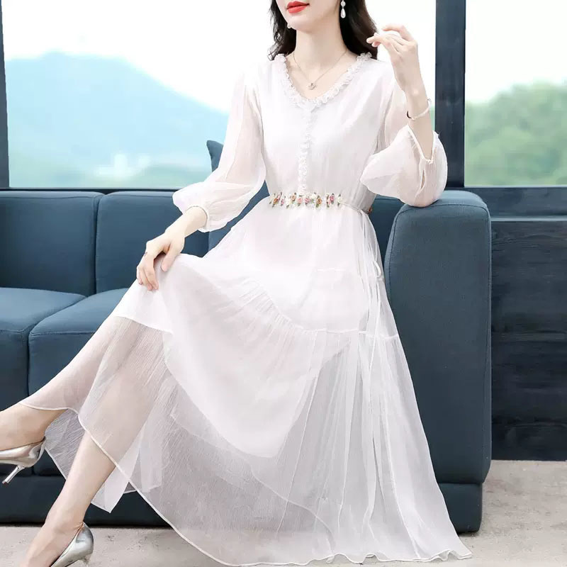 Feeling French Style Silk dress 2024 Summer New Style Elegant Fairy Gentle Tight Waist Slimming Amazing Skirt