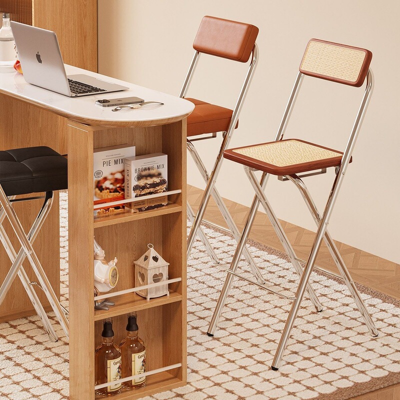 Rattan Beach Folding Chair, Home Kitchen Folding Backrest Chair, Simple Small Apartment Mid-Century Style Café High Stool Rattan Beach Folding Chair, Home Kitchen Folding Backrest Chair, Simple Small Apartment Mid-Century Style Café High Stool