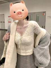 2025秋季新款纯欲白色蕾丝v领长袖t恤女秋冬季修身内搭打底衫上衣