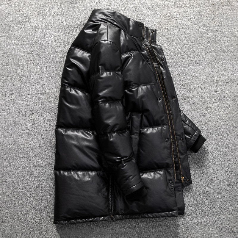 Leather keep warm windproof long down jacket for leisure, cowhide, genuine leather, plus size