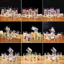 6只玻璃杯子套裝家用韓印花透明無蓋喝水杯牛奶杯果汁杯客廳