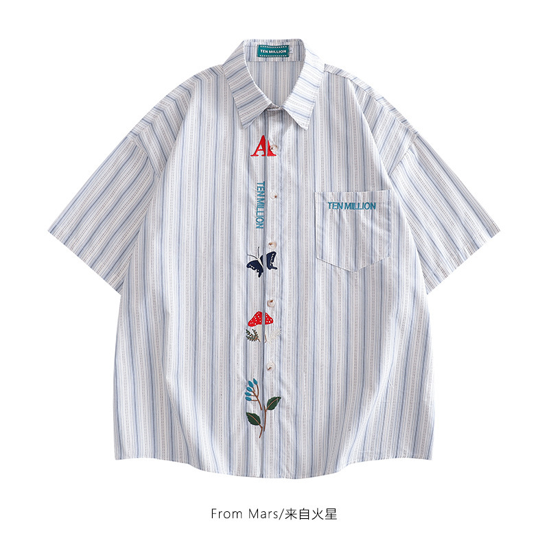 From Mars Lost Butterfly Hong Kong Style Design Stripesd Embroidered Shirt Casual Loose Short-Sleeved Shirt for Men