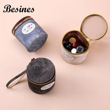 外贸复古女士小巧化妆包高级感帆布桶包时尚零钱包化妆包文玩收纳