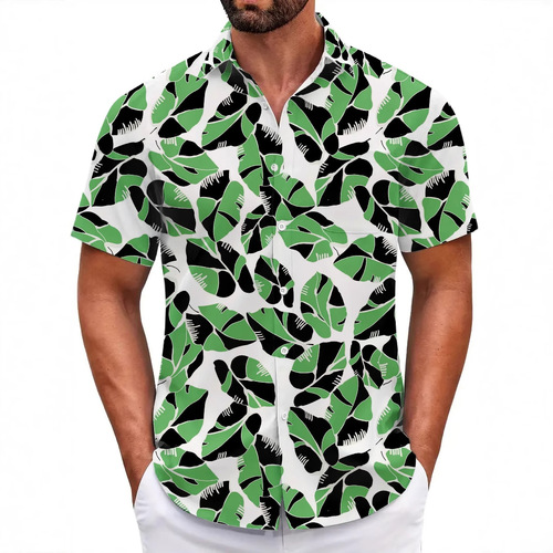 Men's 5-Button Cuff Beach Aloha Flower Shirt - Summer 2025, Quick-Drying Beach Short Sleeve T-shirt for Men and Women