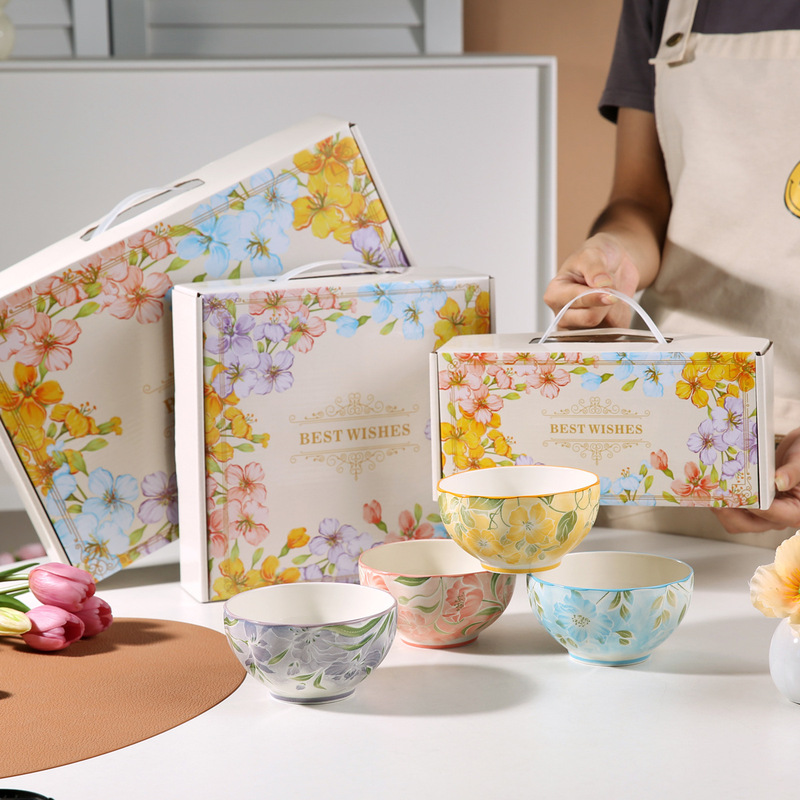 Japanese Floral Ceramic Bowl Set Underglaze Retro Household Tableware Gift Box Company Event Opening Annual Meeting Gift