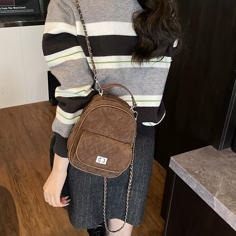 高级感小香风菱格磨砂双肩包女2025新款复古百搭双肩书包旅行包潮