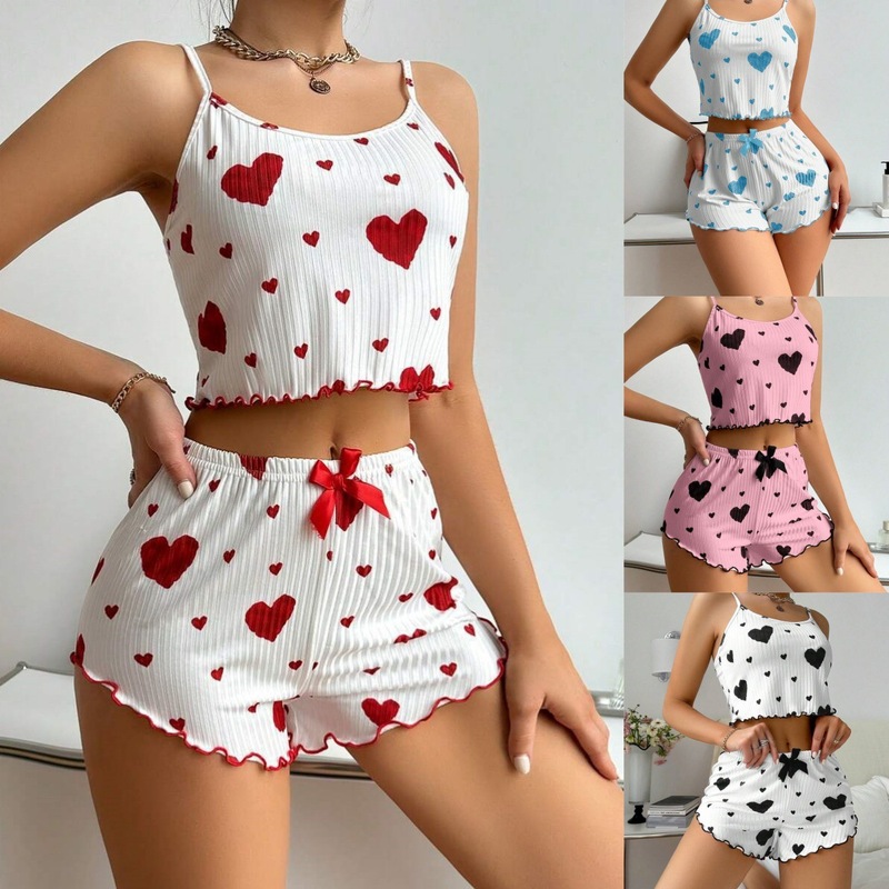 Cross-Border Sleepwear Heart Print Homewear Women's Winter Camisole Shorts Pajama Set Sexy Lingerie Wholesale Cross-Border Sleepwear Heart Print Homewear Women's Winter Camisole Shorts Pajama Set Sexy Lingerie Wholesale