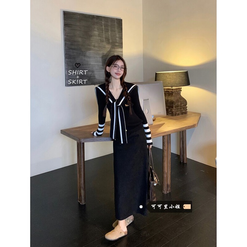 Academy-style navy collar shawl long-sleeve knit top for women, new autumn high-waisted slimming midi skirt fashion set Academy-style navy collar shawl long-sleeve knit top for women, new autumn high-waisted slimming midi skirt fashion set