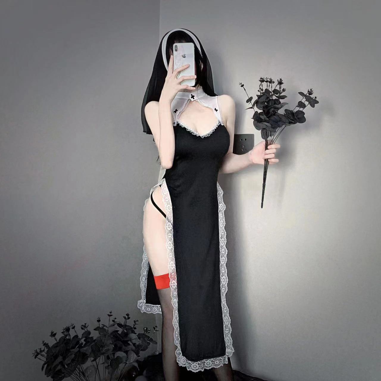 God's punishment nun uniform cos clothing suit Virgin skirt lace high slit dress 6679