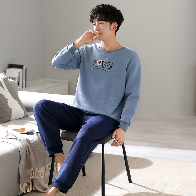 Pijamas de algodón de aire para hombres otoño y invierno engrosados manga larga primavera y otoño intercalado coreano nuevo conjunto de ropa de hogar caliente
