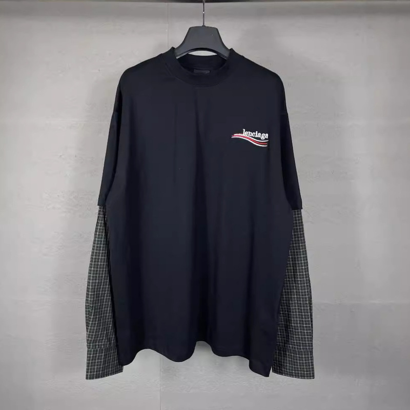 Paris B correct version SS24 spring new coke wave embroidery stitching shirt sleeve fake two long sleeve T-shirt Paris B correct version SS24 spring new coke wave embroidery stitching shirt sleeve fake two long sleeve T-shirt