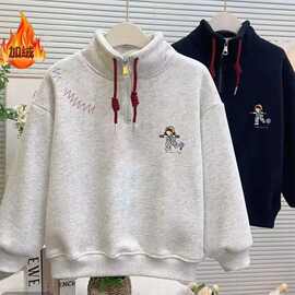 女童半拉链加绒卫衣2025新款儿童女孩秋冬上衣女大童长袖加厚时尚