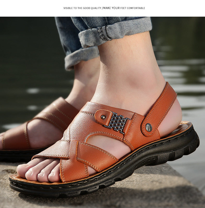 Dép sandal nam da bò lớp đầu hở ngón, dép đi biển da thật thoáng khí chống trượt size lớn — 10135 màu đen, 10888 màu đen, 12129 màu đen, 12129 vàng nâu chi tiết 10