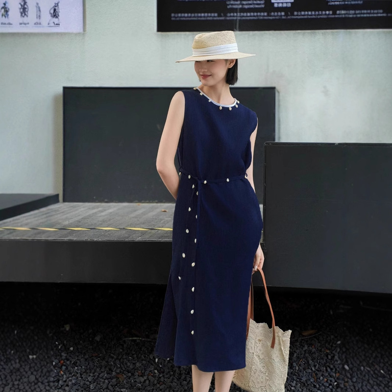Loose Casual Shell Round Neck Sleeveless Linen Dress with Shell Lace-Up at the Waist, Sweet, Elegant and Simple