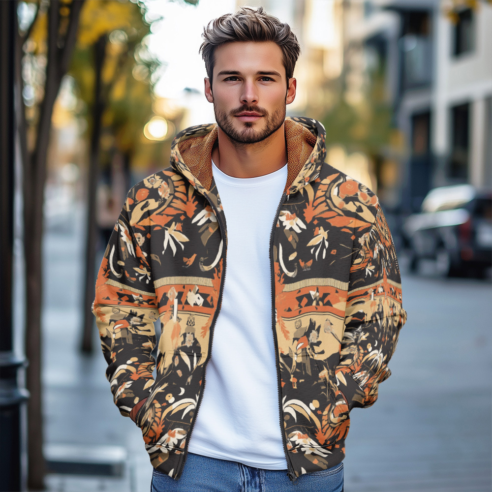 Giacca in cotone spesso con cappuccio e cerniera da uomo in stile europeo stampato autunno e inverno 2024_voghion.com