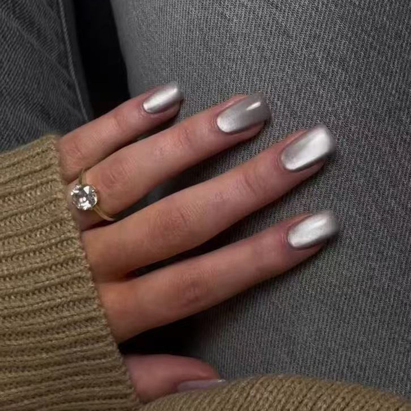 Fashion Short Square Gray-White Cat-Eye Design Wearable Nail Art Press-On Nails Cross-Border Fake Nails