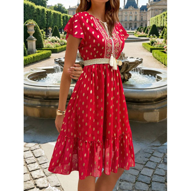 Cross-Border Amazon European Goods New Summer Style Bohemian Style Deep V-Neck Waist-Cinching Retro Printed Dress for Women
