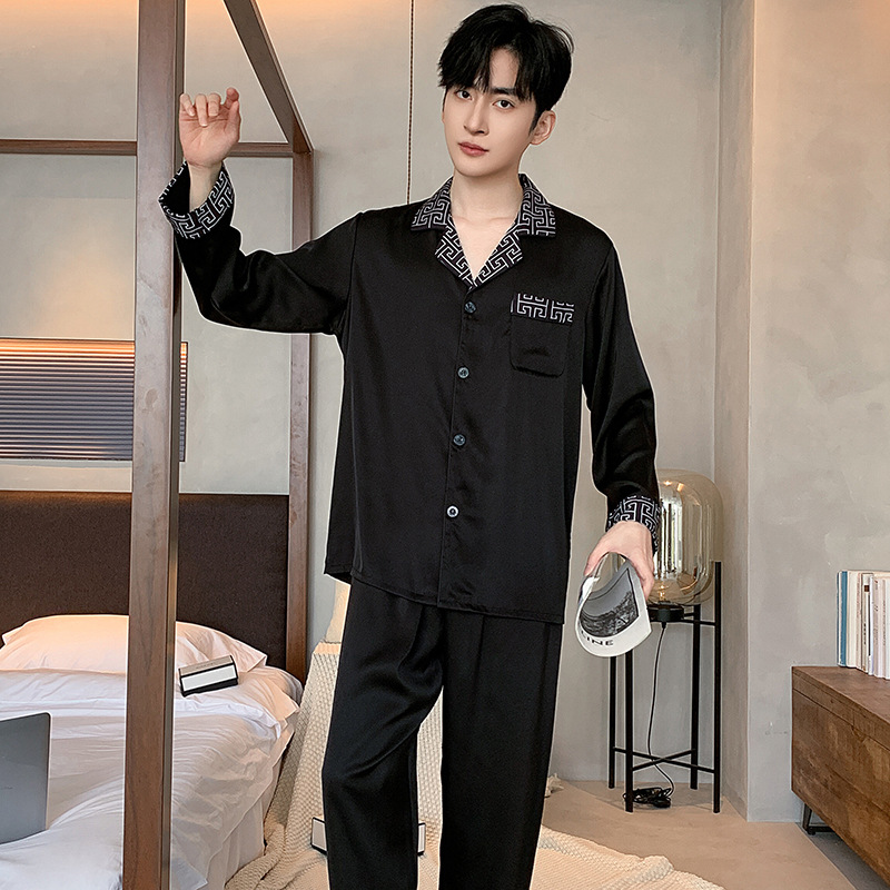 남성용 고급 얼음 실크 잠옷, 봄, 가을, 긴팔, 얇고 우아한 모조 실크 가정복, 고급 가디건 세트