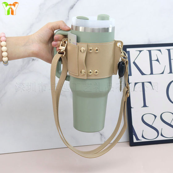 Amazon hot sale 40oz ice cream cup cover outdoor adjustable crossbody stanley Cup cover PU leather handle cup cover