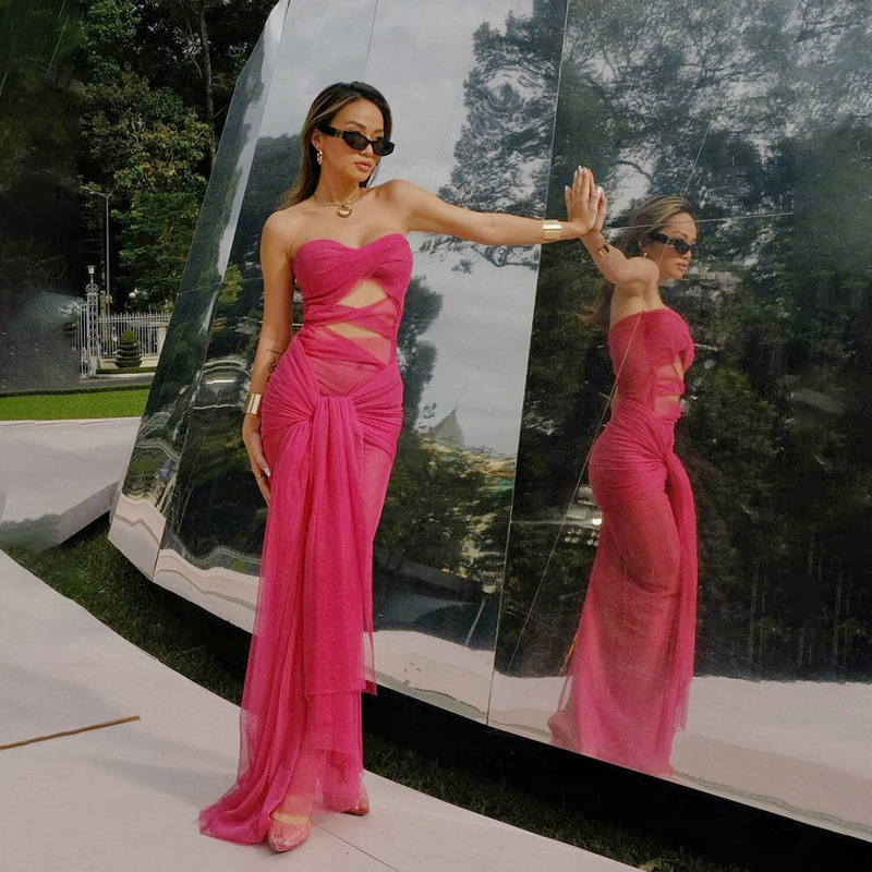 European and American style 2024 spring new women's clothing fashion sexy tube top off-neck perspective strap slim fit dress women