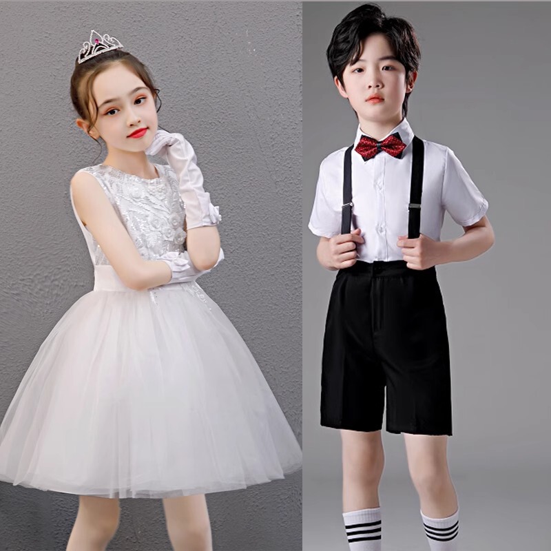 Flower Girl Dress Female White Girl Tutu Skirt Piano Performance Kidsren Princess Dress Wedding Little Bridesmaid Host