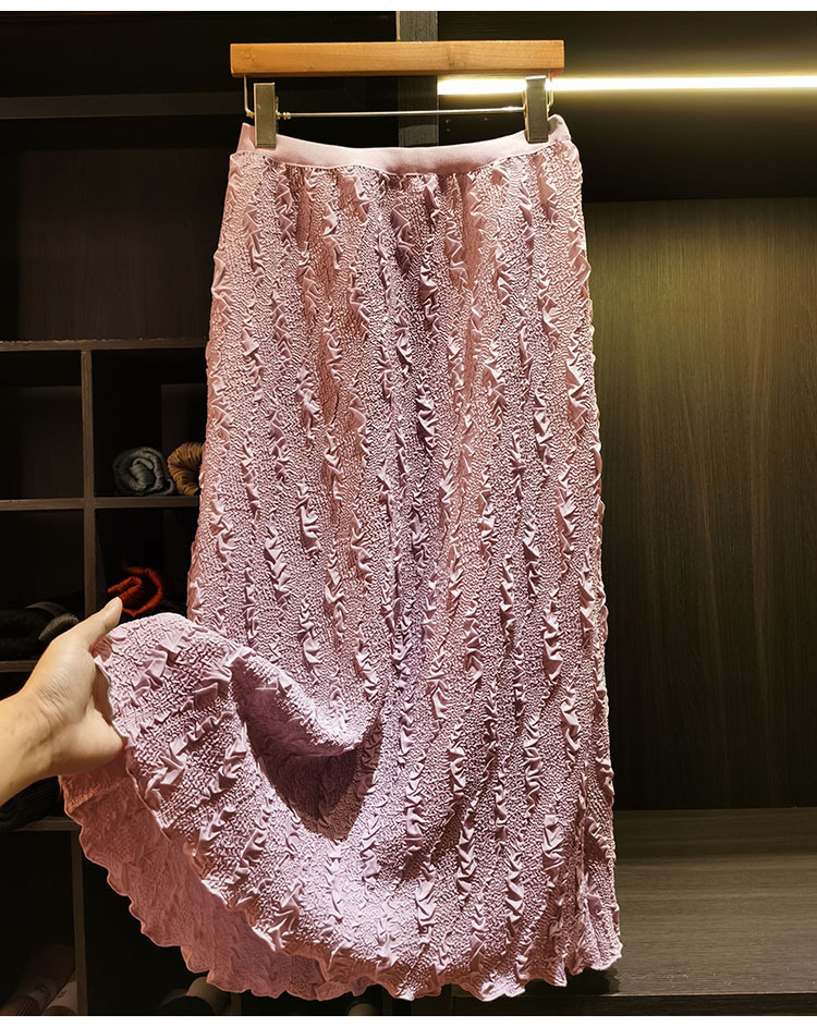 Chân váy xếp ly nữ cạp cao dáng chữ A, vải hoa văn ép hoa, thun lưng co giãn, suông rủ nhẹ — màu đen, Xanh lá cây nhạtcolor, Hồng ngó sen, màu mơ chi tiết 12
