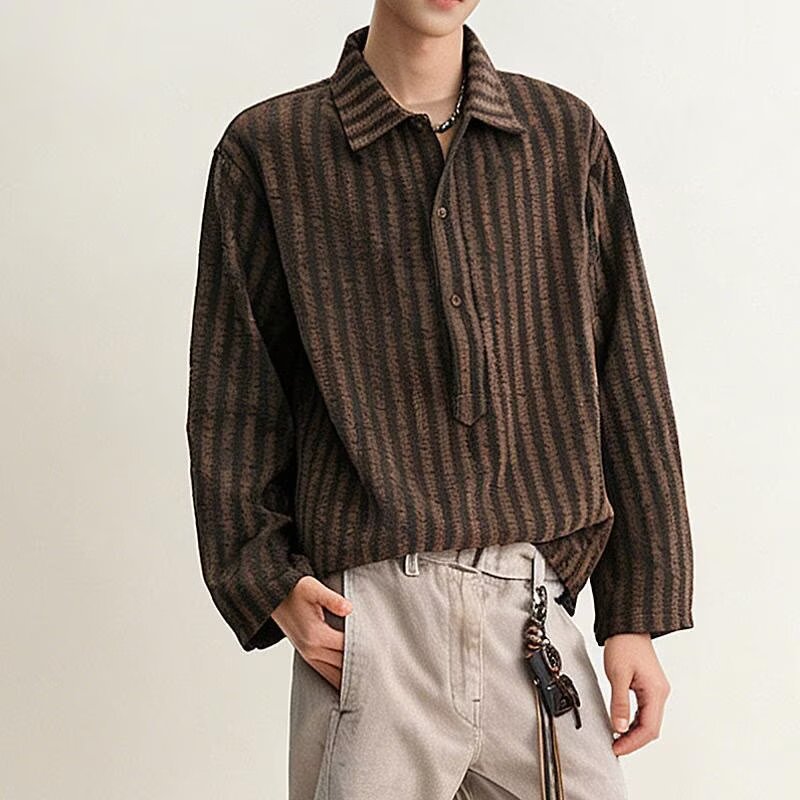 MADWITCH American Retro Pleated Plaid Seersucker Long-Sleeve Shirt for Men and Women, Loose Fit, Casual, High-End Shirt