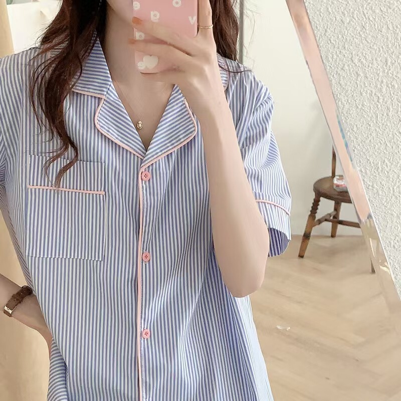 Korean Style New Women's Bubble Cotton Crepe Short Sleeve Pajamas Women's Summer Cardigan Cartoon Lapel Home Clothes Women's Suit