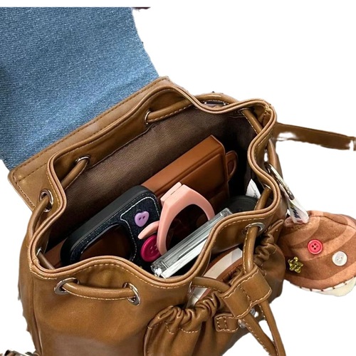 Retro all-match denim stitching backpack 2024 summer new style student cute plush bear backpack charm trend