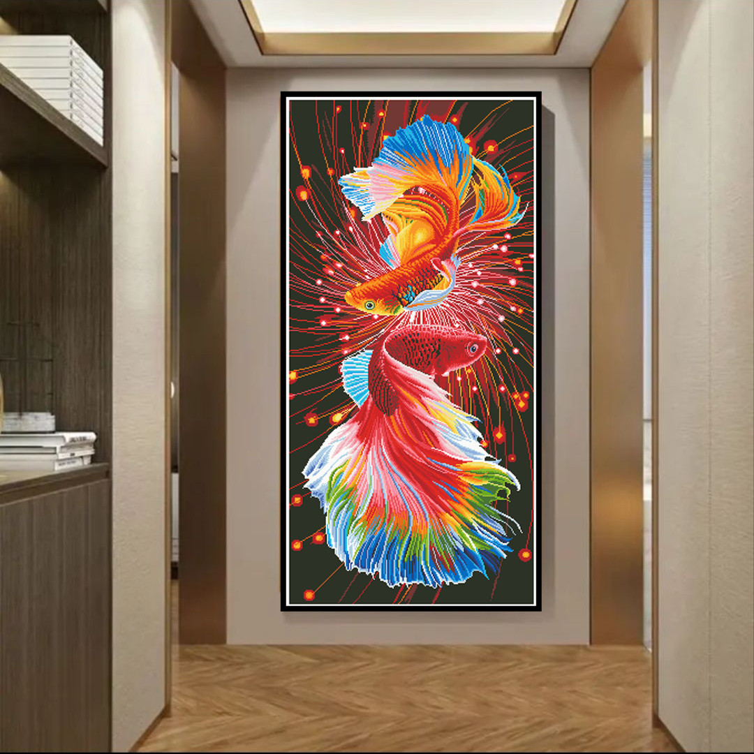 Punto de Cruz Real de la Mona Lisa, Doble Koi Rojo Fuego, Colección Popular para Sala de Estar, Pintura Decorativa de Estilo Chino, Versión Vertical, Bordado Hecho a Mano