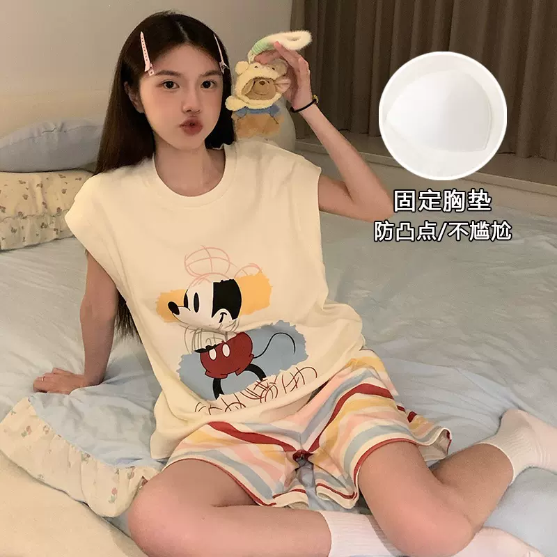 2026新款睡衣女款夏胸垫短袖背心索罗娜棉卡通休闲女士家居服套装