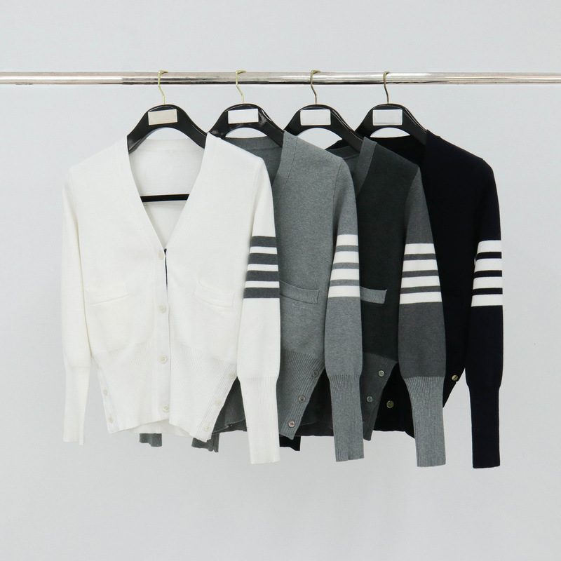 23Fw Tb2022 Spring and Autumn Tb Four-Bar Stripe King's Style V-Neck Knitted Slim Cardigan for Women