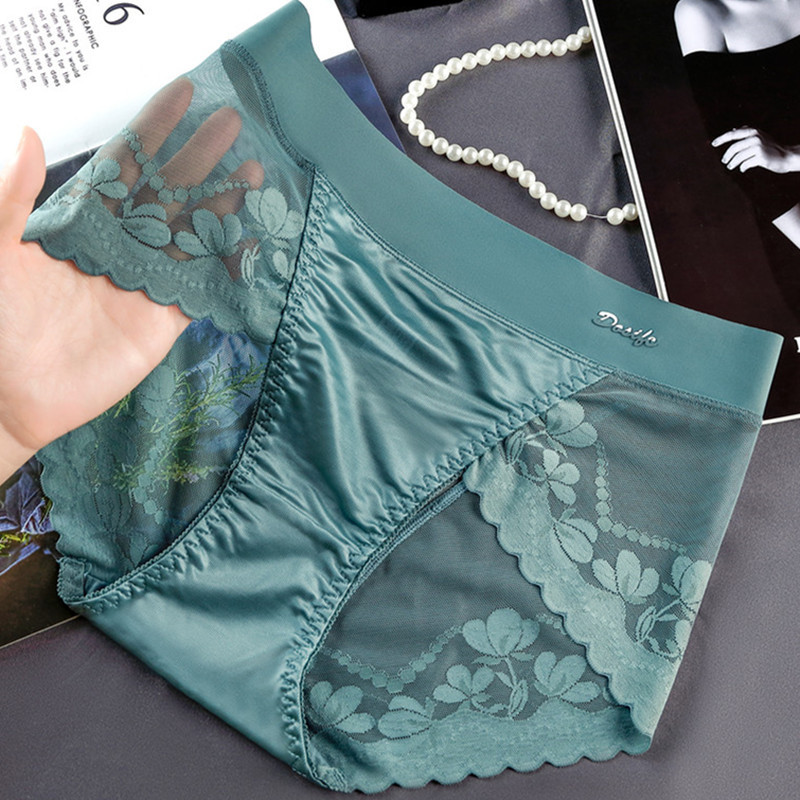 Satén de alta gama encaje de lujo ligero cintura alta vientre contracción ropa interior levantamiento de la cadera de las mujeres entrepierna de algodón sexy malla más calzoncillos de tamaño