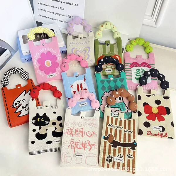 Korean Ins Cute Cat Knitted Handbag Women's New Fashion Versatile One-Shoulder Cross-Body Mobile Phone Bag Small Bag for Women